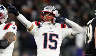 New England Patriots linebacker Marte Mapu (15) in action during the second half of an NFL football game against the Baltimore Ravens, Sunday, Dec. 21, 2025, in Baltimore.