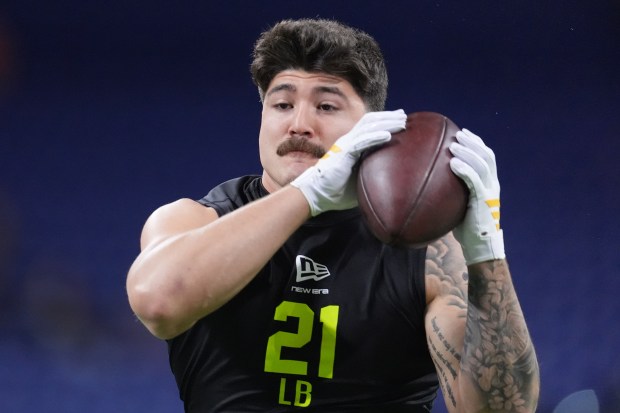 Texas Tech linebacker Jacob Rodriguez goes through drills and testing at the NFL scouting combine in Indianapolis, Thursday, Feb. 26, 2026. (AP Photo/Eric Gay)