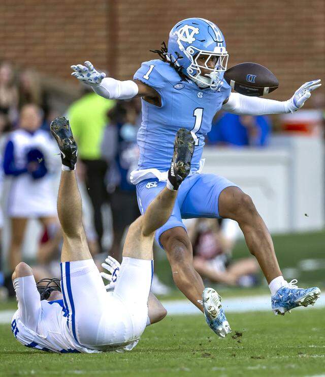 North Carolina defensive back Thaddeus Dixon (1) defends Duke wide receiver Cooper Barkate (18) in the first quarter on Nov. 22, 2025, at Kenan Stadium in Chapel Hill.
