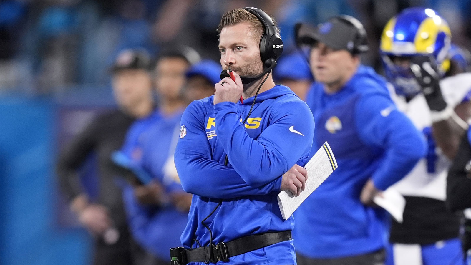 Los Angeles Rams head coach Sean McVay in the first half during the NFC Wild Card Round game at Bank of America Stadium.