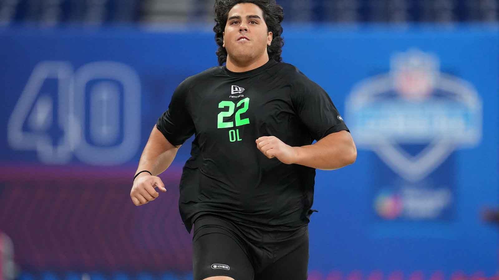 Utah offensive lineman Spencer Fano (OL22) during the NFL Scouting Combine at Lucas Oil Stadium.