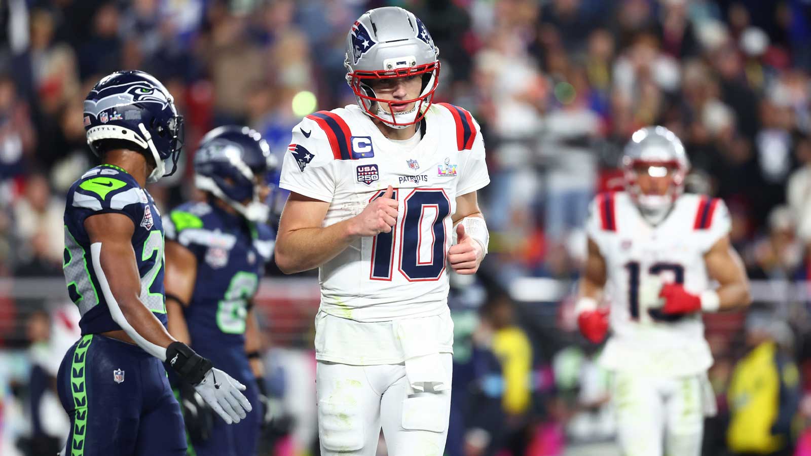 New England Patriots quarterback Drake Maye (10) looks on during the fourth quarter against the Seattle Seahawks in Super Bowl LX at Levi's Stadium. Mandatory Credit: Mark J. Rebilas-Imagn Images
