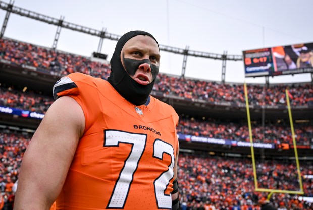Garett Bolles (72) of the Denver Broncos locks in before the game against the New England Patriots at Empower Field at Mile High in Denver, Colorado on Sunday, January 25, 2026. (Photo by AAron Ontiveroz/The Denver Post)