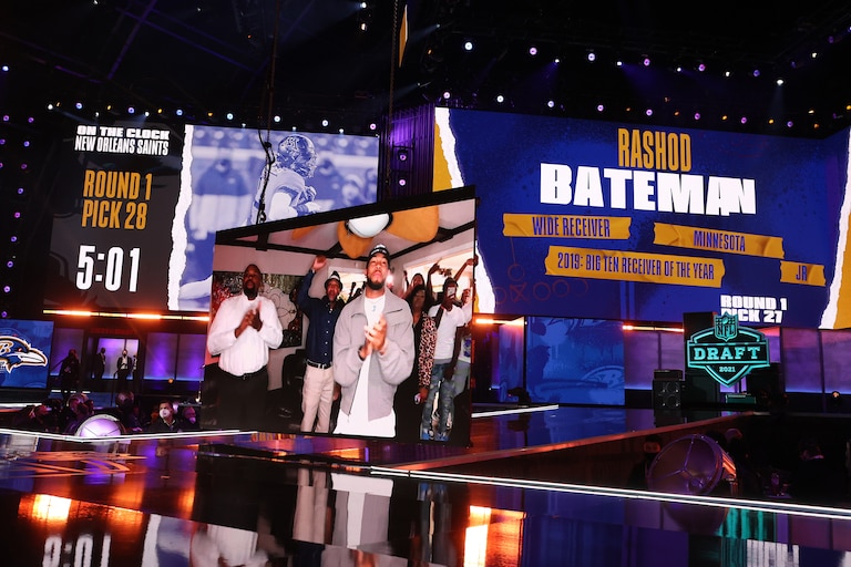 NFL Commissioner Roger Goodell announces Rashod Bateman as the 27th selection by the Baltimore Ravens during round one of the 2021 NFL Draft at the Great Lakes Science Center on April 29, 2021 in Cleveland, Ohio.