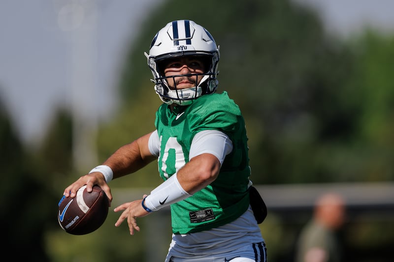 BYU QB Treyton Bourguet looks for a receiver during practice Aug. 5, 2025, in Provo.