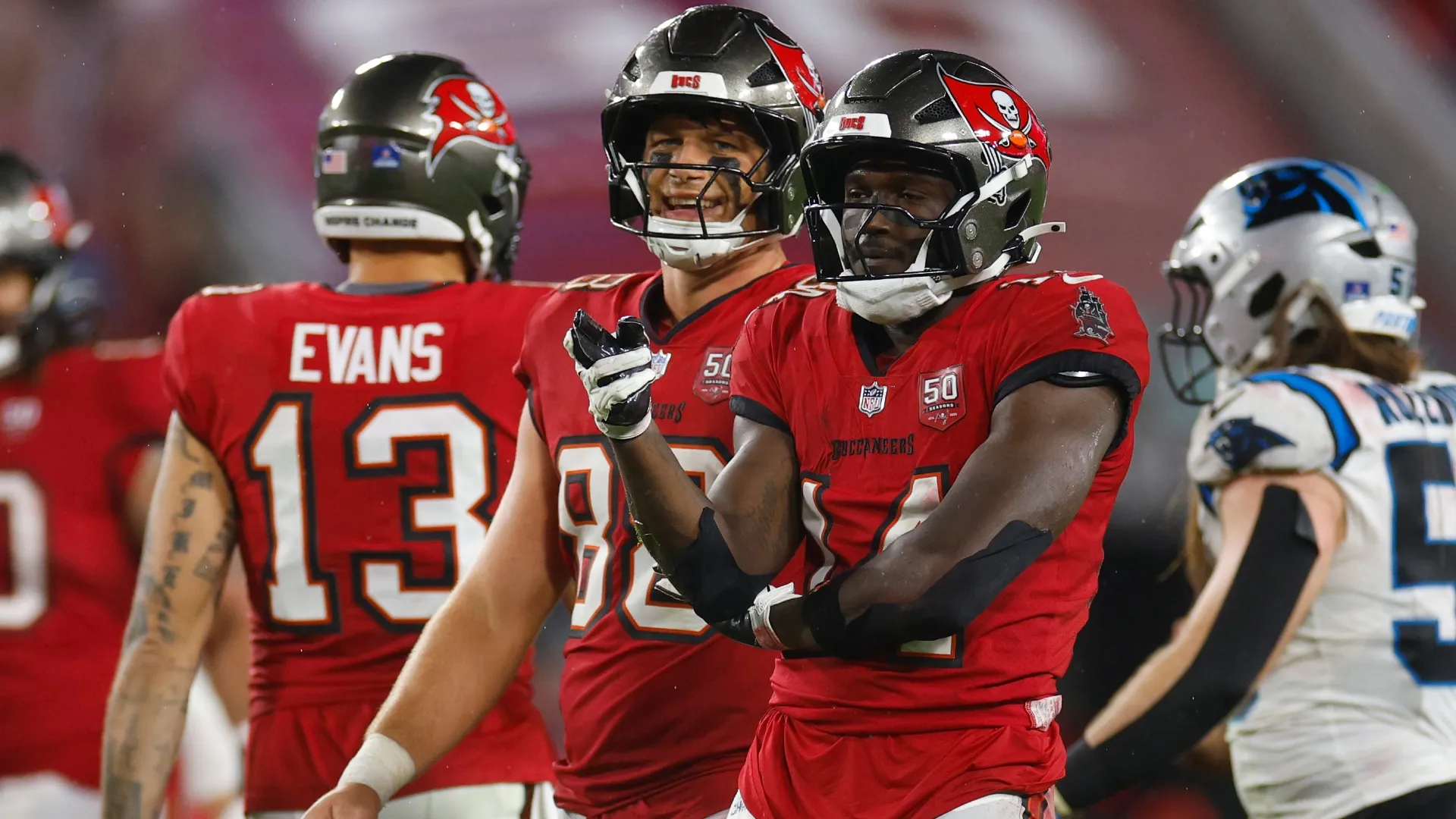 Chris Godwin Jr. #14 of the Buccaneers reacts after a first down in 2026 (Source: Mike Ehrmann/Getty Images)