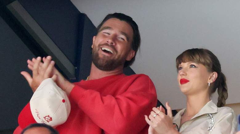 Travis Kelce, left, and Taylor Swift react as the Edmonton Oilers and the Florida Panthers play during the first period in Game Four of the 2025 Stanley Cup Final at Amerant Bank Arena on June 12, 2025 in Sunrise, Florida