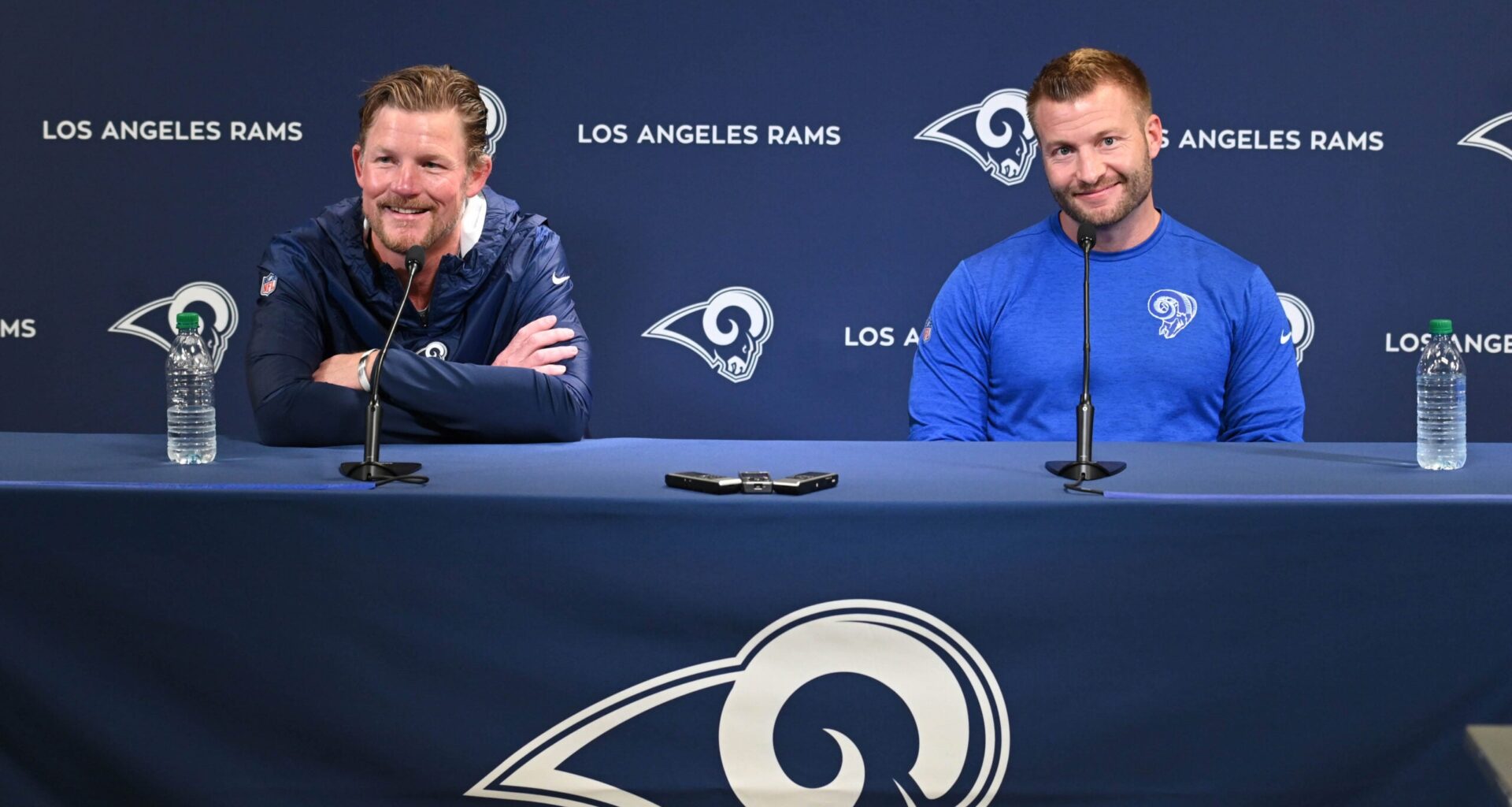 Apr 23, 2019; Thousand Oaks, CA, USA; Los Angeles Rams general manager Les Snead (left) and coach Sean McVay address the media at a press conference at Cal Lutheran University prior to the 2019 NFL Draft.