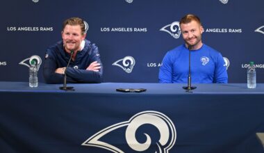 Apr 23, 2019; Thousand Oaks, CA, USA; Los Angeles Rams general manager Les Snead (left) and coach Sean McVay address the media at a press conference at Cal Lutheran University prior to the 2019 NFL Draft.