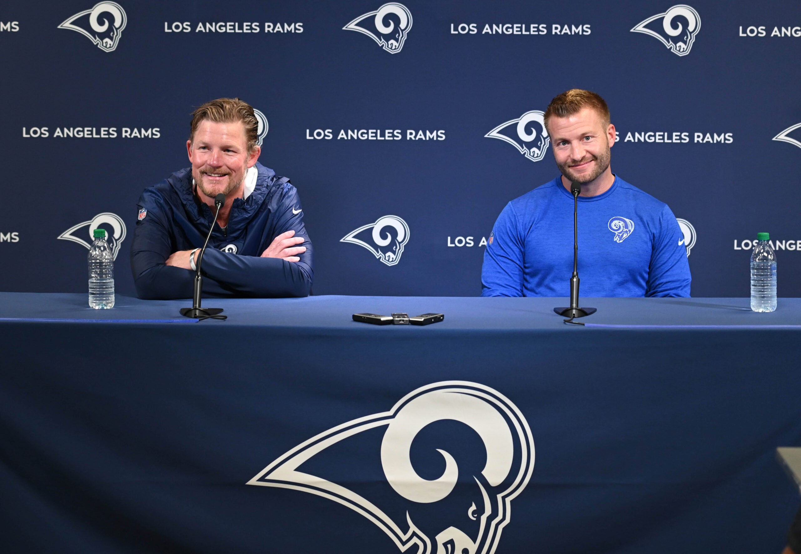 Apr 23, 2019; Thousand Oaks, CA, USA; Los Angeles Rams general manager Les Snead (left) and coach Sean McVay address the media at a press conference at Cal Lutheran University prior to the 2019 NFL Draft.