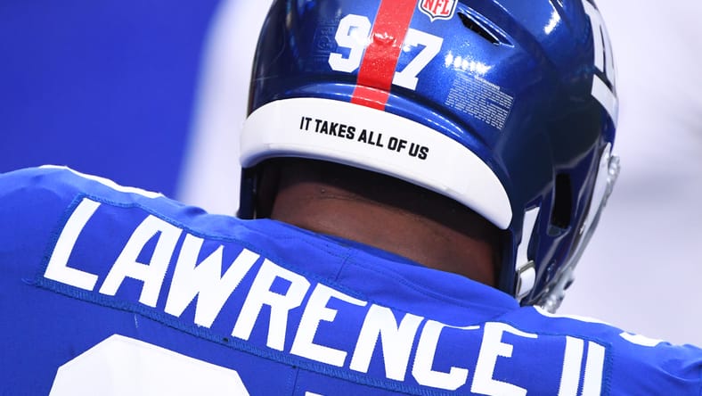 Close-up of Dexter Lawrence’s Giants helmet before a game against the Steelers at MetLife Stadium.