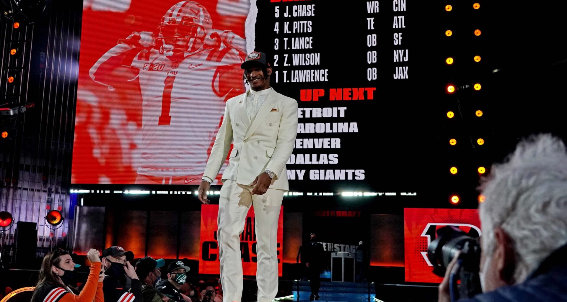 Apr 29, 2021; Cleveland, Ohio, USA; Ja'Marr Chase (LSU) walks on stage after being selected by Cincinnati Bengals as the number five overall pick in the first round of the 2021 NFL Draft at First Energy Stadium.