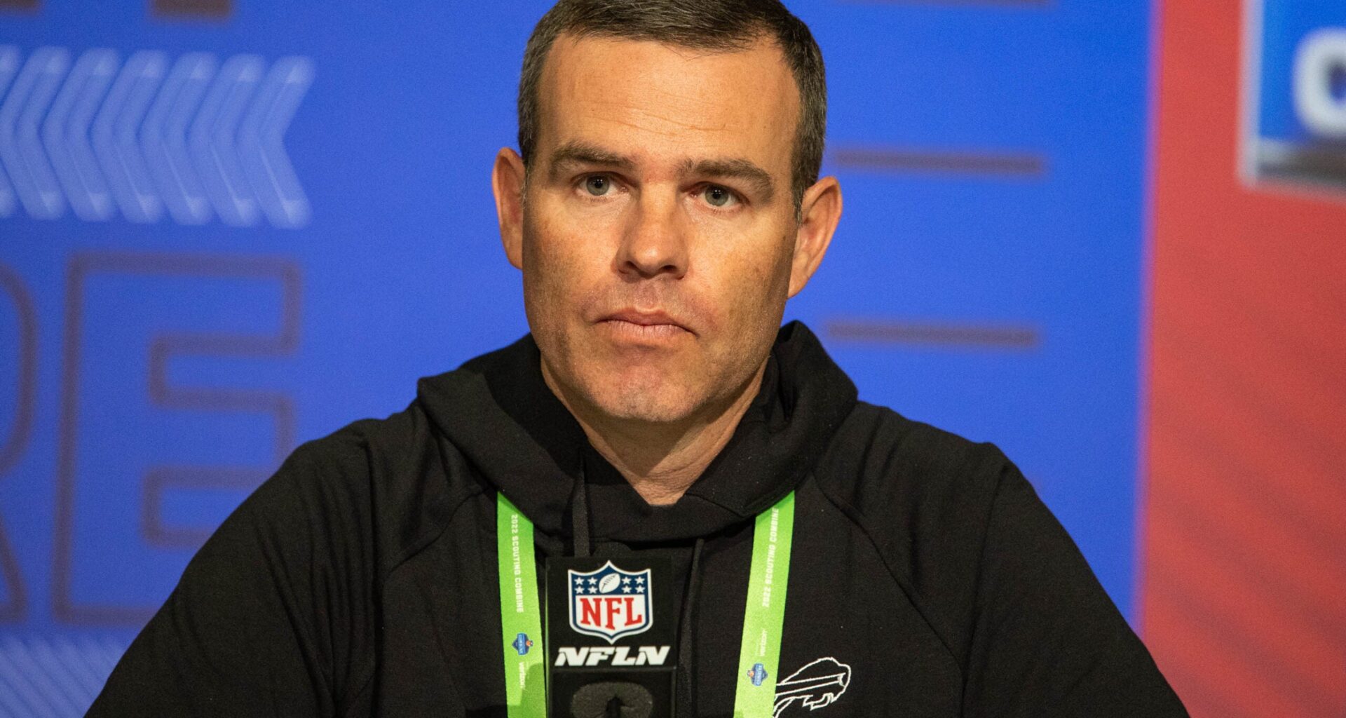 Mar 1, 2022; Indianapolis, IN, USA; Buffalo Bills general manager Brandon Beane talks to the media during the 2022 NFL Combine.