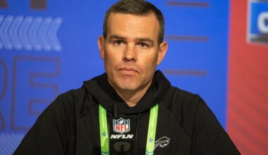 Mar 1, 2022; Indianapolis, IN, USA; Buffalo Bills general manager Brandon Beane talks to the media during the 2022 NFL Combine.