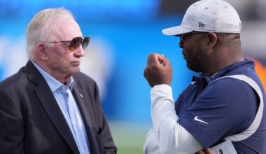 Aug 20, 2022; Inglewood, California, USA; Dallas Cowboys owner Jerry Jones (left) talks with vice president of player personnel Will McClay before the game against the Los Angeles Chargers at SoFi Stadium.