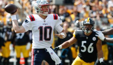 Sep 18, 2022; Pittsburgh, Pennsylvania, USA; New England Patriots quarterback Mac Jones (10) passes against the Pittsburgh Steelers during the second quarter at Acrisure Stadium.