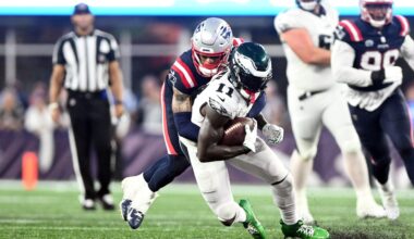 Sep 10, 2023; Foxborough, Massachusetts, USA; Philadelphia Eagles wide receiver A.J. Brown (11) is tackled by New England Patriots cornerback Christian Gonzalez (6) during the second half at Gillette Stadium.