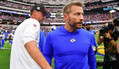 Sep 17, 2023; Inglewood, California, USA; San Francisco 49ers head coach Kyle Shanahan meets with Los Angeles Rams head coach Sean McVay following the victory at SoFi Stadium.