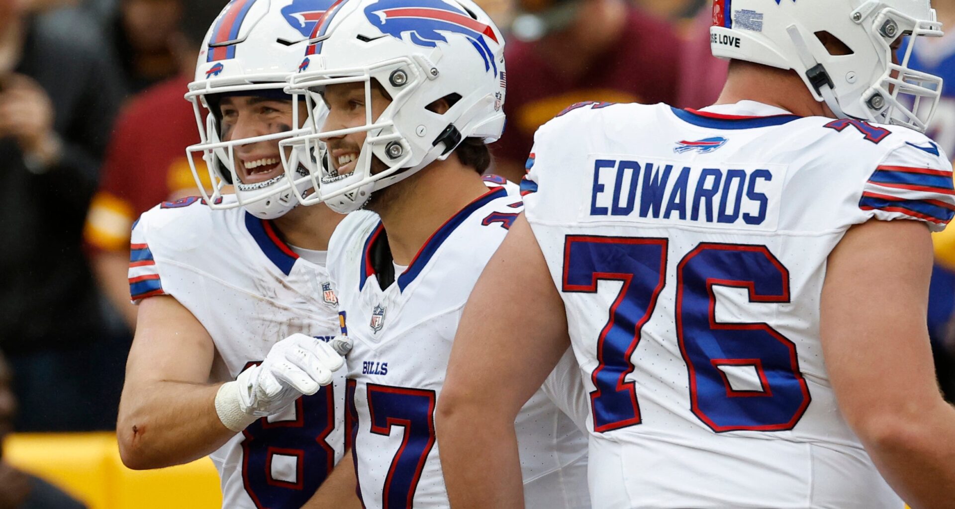 Sep 24, 2023; Landover, Maryland, USA; Buffalo Bills quarterback Josh Allen (17) celebrates with Bills tight end Dalton Kincaid (86) after throwing a touchdown pass against the Washington Commanders at FedExField.