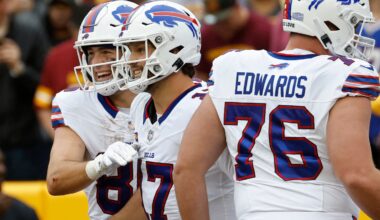 Sep 24, 2023; Landover, Maryland, USA; Buffalo Bills quarterback Josh Allen (17) celebrates with Bills tight end Dalton Kincaid (86) after throwing a touchdown pass against the Washington Commanders at FedExField.