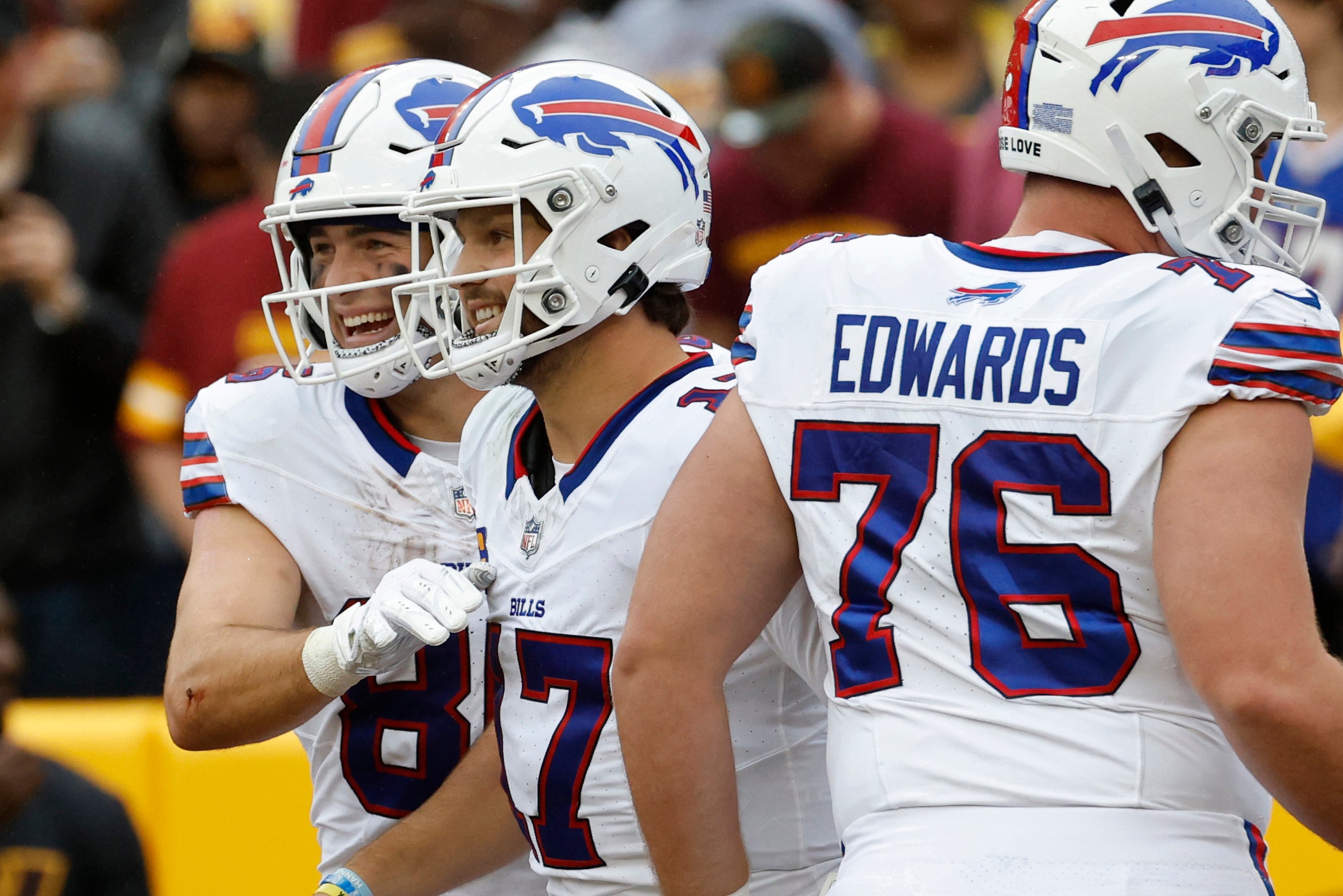 Sep 24, 2023; Landover, Maryland, USA; Buffalo Bills quarterback Josh Allen (17) celebrates with Bills tight end Dalton Kincaid (86) after throwing a touchdown pass against the Washington Commanders at FedExField.