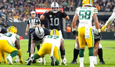 Oct 9, 2023; Paradise, Nevada, USA; Las Vegas Raiders quarterback Jimmy Garoppolo (10) calls a play against the Green Bay Packers during the second quarter at Allegiant Stadium.
