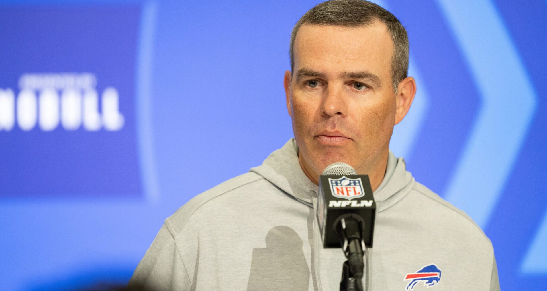 Feb 27, 2024; Indianapolis, IN, USA; Buffalo Bills general manager Brandon Beane talks to the media at the 2024 NFL Combine at Indiana Convention Center.