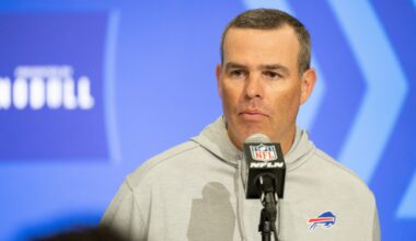 Feb 27, 2024; Indianapolis, IN, USA; Buffalo Bills general manager Brandon Beane talks to the media at the 2024 NFL Combine at Indiana Convention Center.