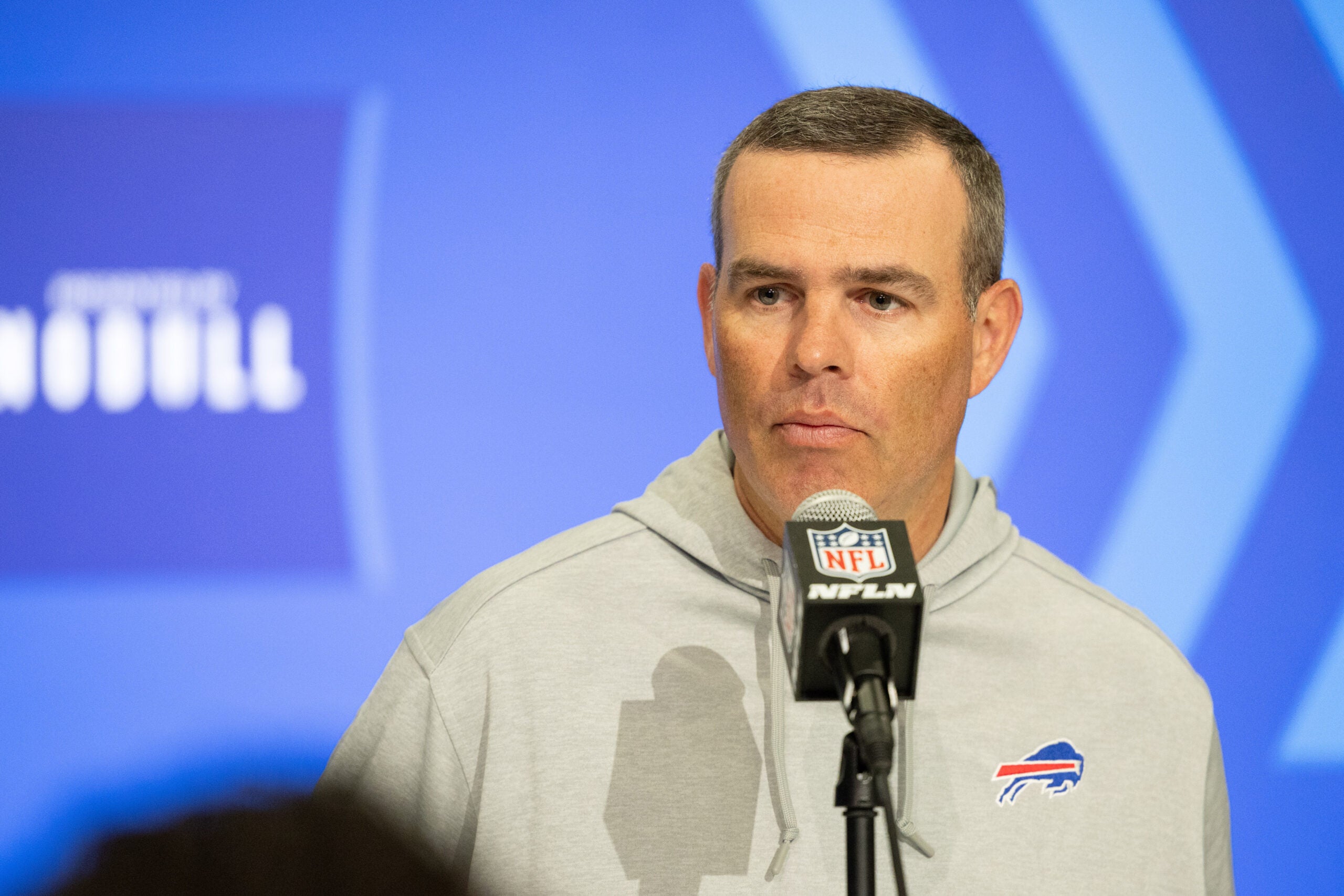 Feb 27, 2024; Indianapolis, IN, USA; Buffalo Bills general manager Brandon Beane talks to the media at the 2024 NFL Combine at Indiana Convention Center.