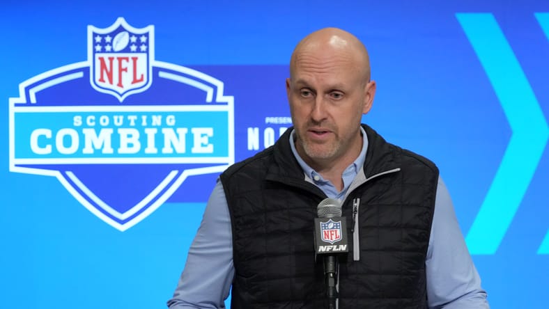 Monti Ossenfort speaks at the NFL Scouting Combine during a press conference. Kyler Murray Vikings