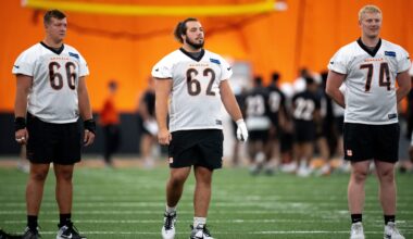 Cincinnati Bengals center Nate Gilliam (66), Cincinnati Bengals center Matt Lee (62) and Cincinnati Bengals offensive tackle Eric Miller (74) look on at Bengals spring practice at the IEL Indoor Facility in Cincinnati on Thursday, June 13, 2024.
