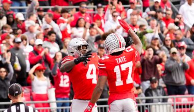 Ohio State Buckeyes wide receiver Jeremiah Smith (4) celebrates with wide receiver Carnell Tate (17) after Smith scored a touchdown in the first half at Ohio Stadium on Saturday, Nov. 9, 2024 in Columbus, Ohio.