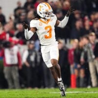 Tennessee defensive back Jermod McCoy (3) celebrates after making a play during a college football game between Tennessee and Georgia at Sanford Stadium in Athens, Ga., on Saturday, November 16, 2024.