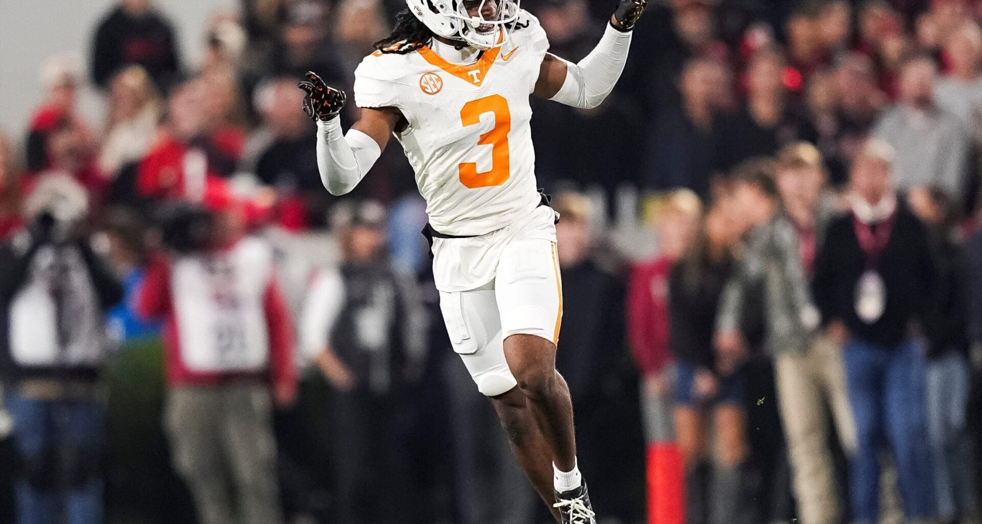 Tennessee defensive back Jermod McCoy (3) celebrates after making a play during a college football game between Tennessee and Georgia at Sanford Stadium in Athens, Ga., on Saturday, November 16, 2024.