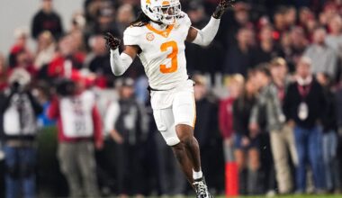 Tennessee defensive back Jermod McCoy (3) celebrates after making a play during a college football game between Tennessee and Georgia at Sanford Stadium in Athens, Ga., on Saturday, November 16, 2024.