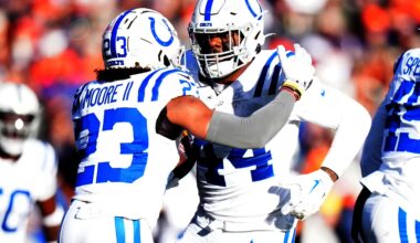 Dec 15, 2024; Denver, Colorado, USA; Indianapolis Colts linebacker Zaire Franklin (44) celebrates his interception with cornerback Kenny Moore II (23) in the first quarter against the Denver Broncos at Empower Field at Mile High.