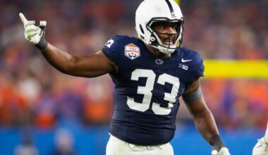 Dec 31, 2024; Glendale, AZ, USA; Penn State Nittany Lions defensive end Dani Dennis-Sutton (33) against the Boise State Broncos during the Fiesta Bowl at State Farm Stadium.