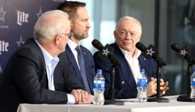 Jan 27, 2025; Frisco, TX, USA; (L to R) Dallas Cowboys CEO Stephen Jones, head coach Brian Schottenheimer and owner Jerry Jones speak to the media at a press conference at the Star.