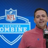 Feb 27, 2025; Indianapolis, IN, USA; New England Patriots general manager Eliot Wolf speaks during the 2025 NFL Scouting Combine at the Indiana Convention Center.