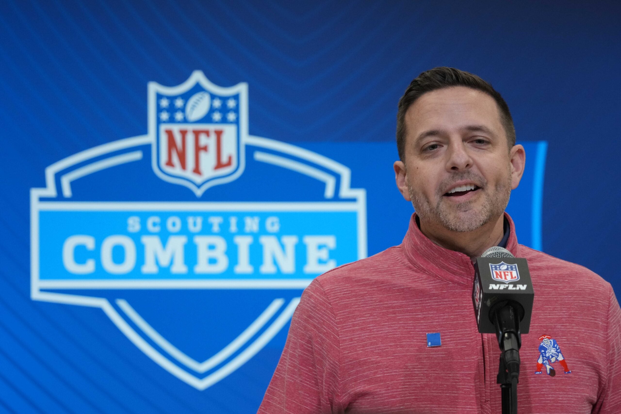 Feb 27, 2025; Indianapolis, IN, USA; New England Patriots general manager Eliot Wolf speaks during the 2025 NFL Scouting Combine at the Indiana Convention Center.