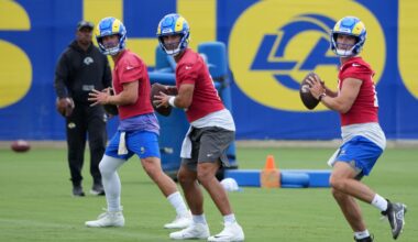 Jun 3, 2025; Woodland Hills, CA, USA; Los Angeles Rams quarterbacks Matthew Stafford (left), Jimmy Garoppolo (center) and Stetson Bennett throw the ball during organized team activities at Rams Practice Facility.
