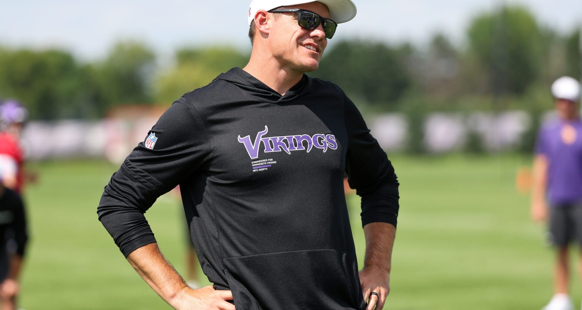 Jul 29, 2025; Eagan, MN, USA; Minnesota Vikings head coach Kevin O'Connell looks on during the teams training camp at the Minnesota Vikings Training Facility.