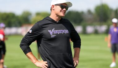 Jul 29, 2025; Eagan, MN, USA; Minnesota Vikings head coach Kevin O'Connell looks on during the teams training camp at the Minnesota Vikings Training Facility.