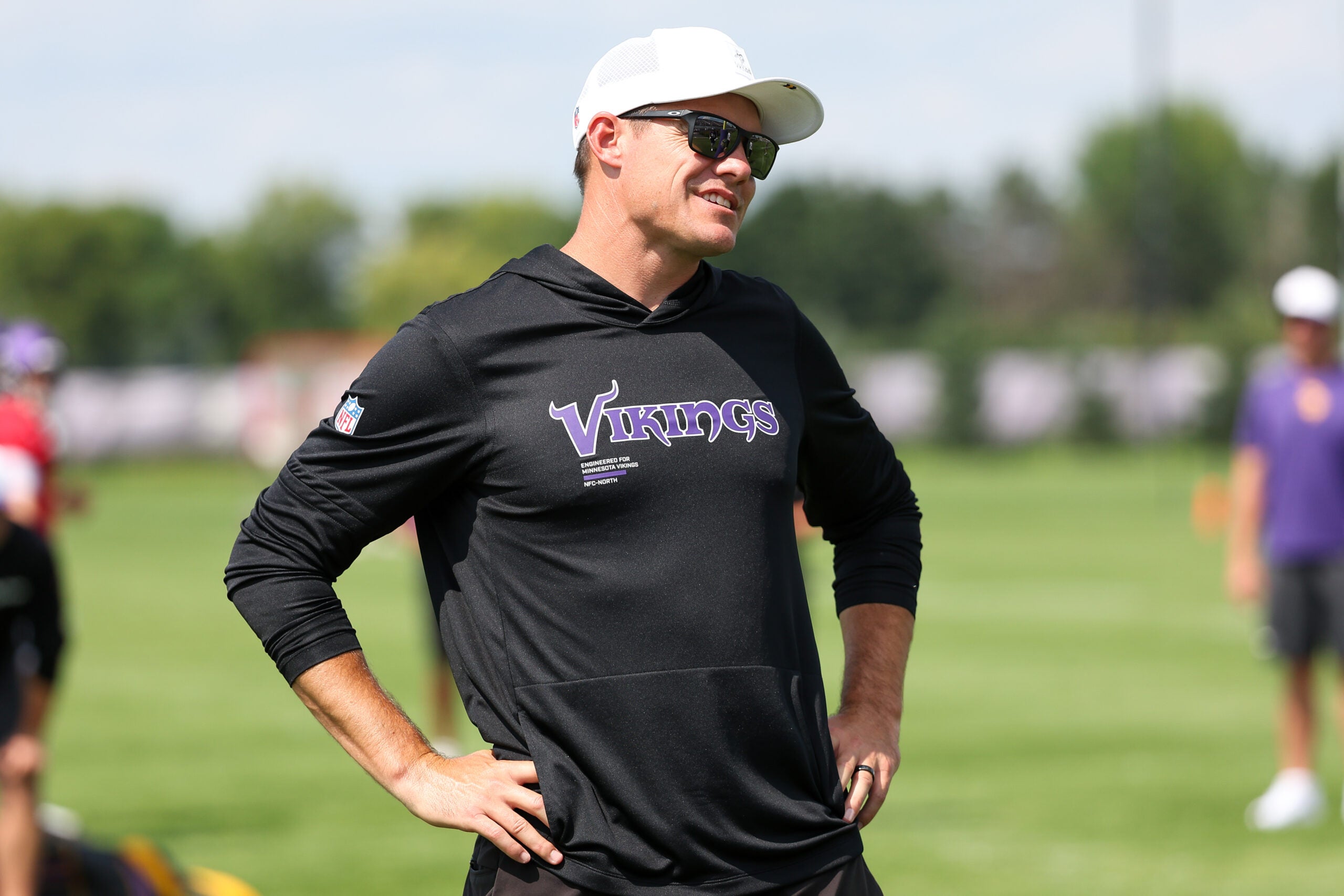 Jul 29, 2025; Eagan, MN, USA; Minnesota Vikings head coach Kevin O'Connell looks on during the teams training camp at the Minnesota Vikings Training Facility.