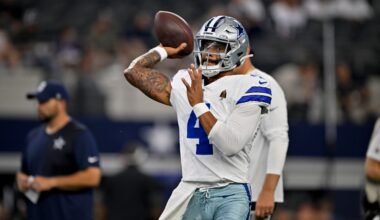 Aug 16, 2025; Arlington, Texas, USA; Dallas Cowboys quarterback Dak Prescott (4) warms up before the game at against the Baltimore Ravens AT&T Stadium.