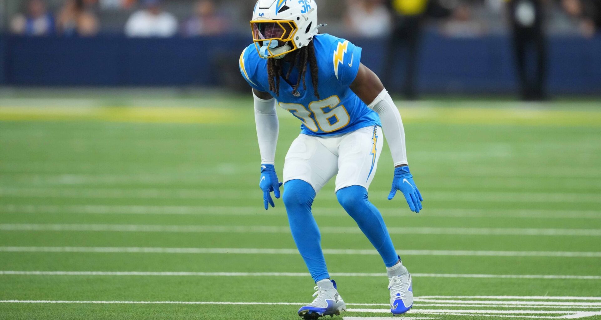 Aug 16, 2025; Inglewood, California, USA; Los Angeles Chargers cornerback Ja'Sir Taylor (36) against the Los Angeles Rams at SoFi Stadium.