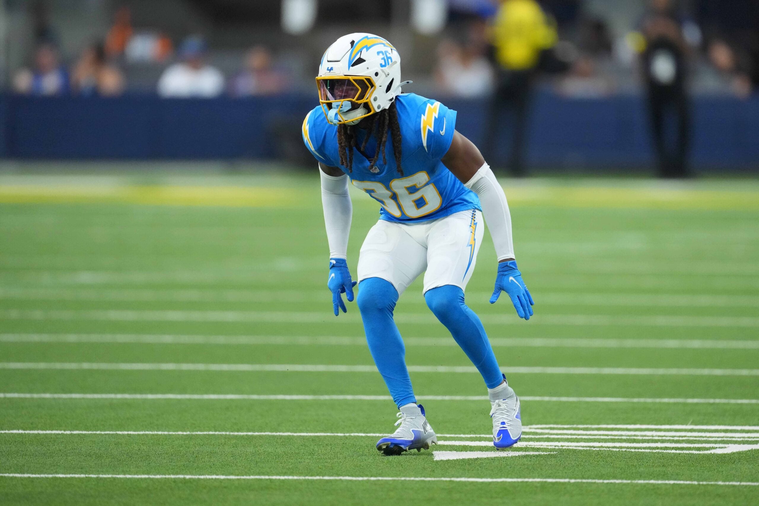 Aug 16, 2025; Inglewood, California, USA; Los Angeles Chargers cornerback Ja'Sir Taylor (36) against the Los Angeles Rams at SoFi Stadium.