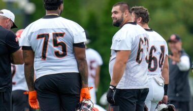 Cincinnati Bengals guard Dylan Fairchild (63) talks with offensive tackle Orlando Brown Jr. (75) during practice at the Paycor Stadium practice field in downtown Cincinnati on Wednesday, Aug. 20, 2025.