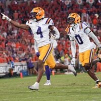 Louisiana State University cornerback Mansoor Delane (4) reacts during the third quarter at Memorial Stadium in Clemson, S.C. Saturday, August 30, 2025.