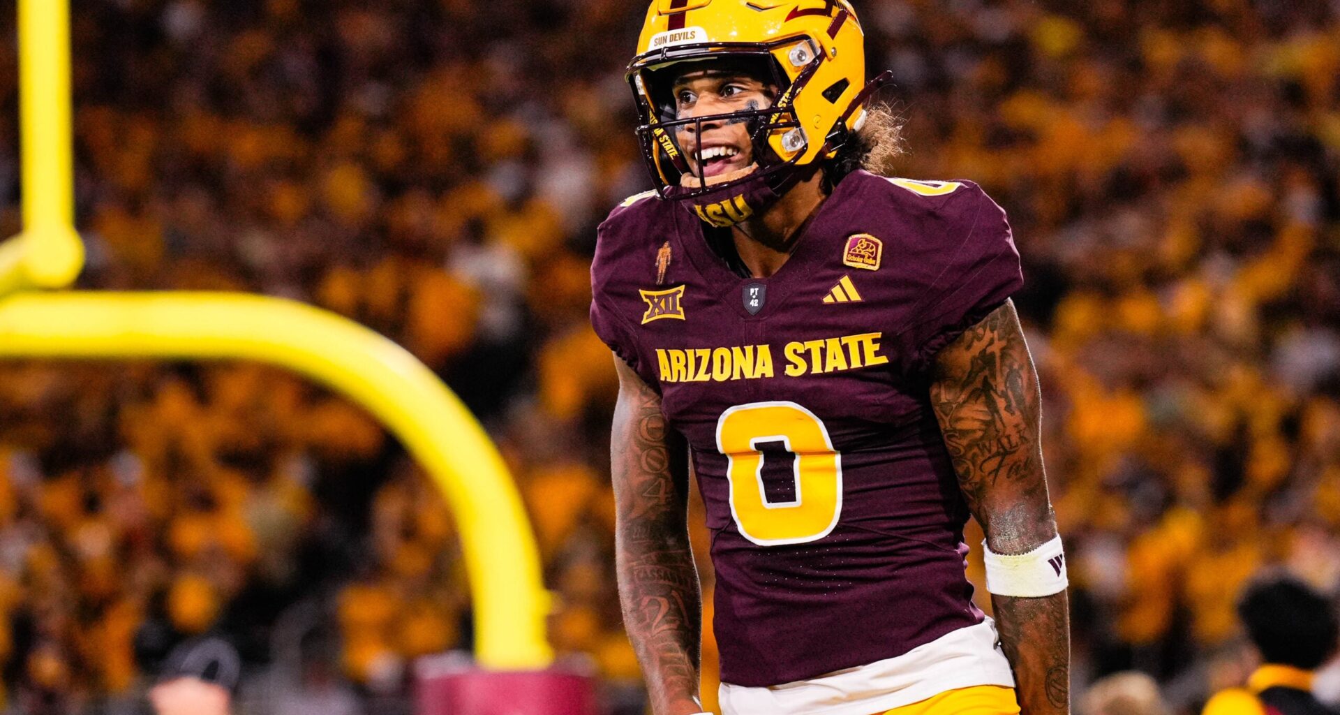 Aug 30, 2025; Tempe, Arizona, USA; Arizona State Sun Devils wide receiver Jordyn Tyson (0) celebrates his touchdown in the first quarter between Arizona State Sun Devils and Northern Arizona Lumberjacks at Mountain America Stadium.